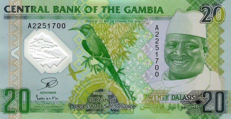 Gambia Banknote 20 Dalasis Collectible Polymer Memorial Banknote from Africa Bankfresh UNC.