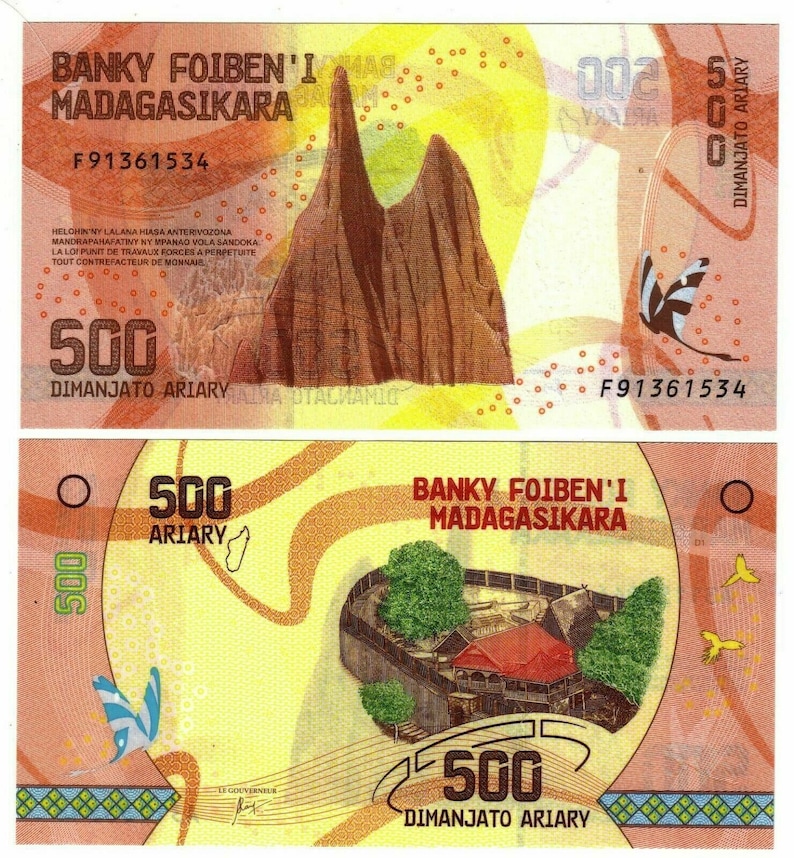 Madagascar Banknote 500 Ariary Banknote from Madagascar Paper Money from Africa Bankfresh UNC.