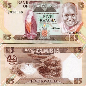 Zambia / Sambia Banknote 5 Kwacha 1988 P25d / B126d Geldschein Papiergeld aus Afrika Bankfrisch UNC.