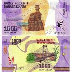 Madagascar Banknote 1000 Ariary Banknote from Madagascar Paper Money from Africa BankFresh UNC.