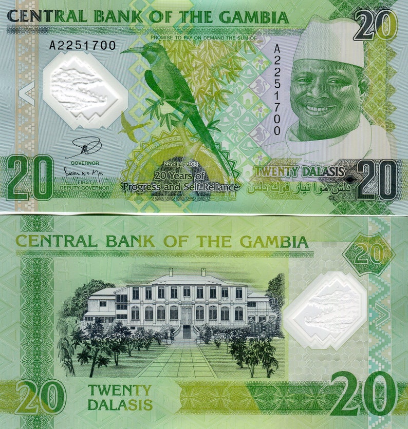 Gambia Banknote 20 Dalasis Collectible Polymer Memorial Banknote from Africa Bankfresh UNC.