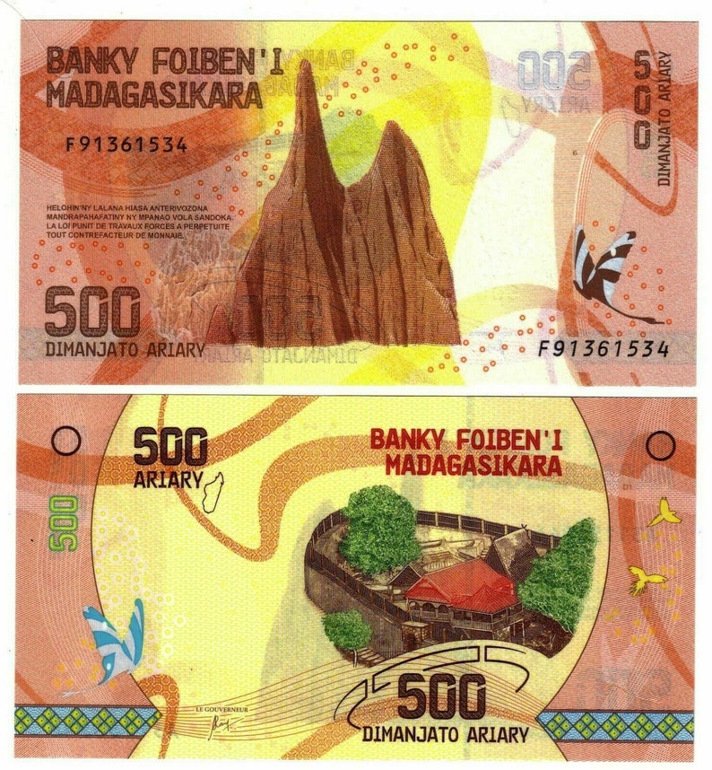 Madagascar Banknote 500 Ariary Banknote from Madagascar Paper Money from Africa Bankfresh UNC.