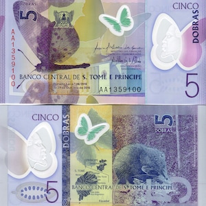 Saint Thomas & Prince Island Banknote 5 Dobras 2016 Pick 70 / B308 Währung Papiergeld Geldschein aus Afrika UNC.