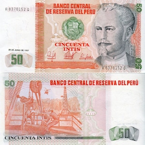Peru Banknote 100 Intis 1987 P-133 Papiergeld aus Südamerika UNC.