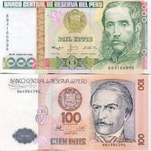Peru Banknoten ( 1000 500 100 50 ) Intis 1987 Lot 4 Geldscheine Papiergeld aus Südamerika UNC.