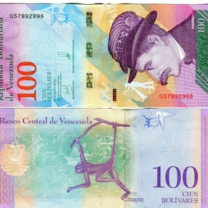 Venezuela Banknote 100 Bolivares Sobreranos Geldschein aus Venezuela Papiergeld aus Südamerika Bankfrisch UNC.