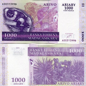 Madagaskar Banknote 1000 Ariary Pick 89a Geldschein aus Madagaskar Papiergeld aus Afrika Bankfrisch UNC.