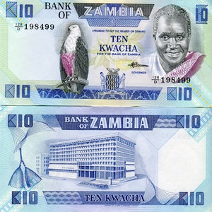 Zambia / Sambia Banknote 10 Kwacha 1980-88 P26e Geldschein Papiergeld aus Afrika Bankfrisch UNC.