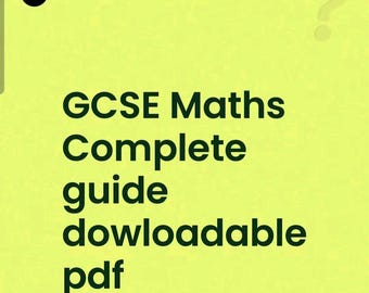 May include: A bright lime green digital document cover featuring a dark purple circular icon in the top left corner and a faint question mark in the top right. The text reads: GCSE Maths Complete guide dowloadable pdf in dark green lettering.