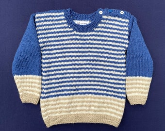 Blue and coffee hand knitted  striped jumper for child age 2 to 3 years