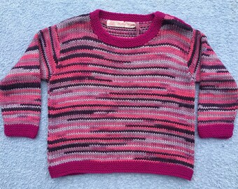 Stripy jumper for child age 3 to 4 years hand knitted in red / purple / grey