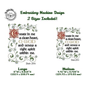 Puede incluir: Diseño de máquina de bordar con dos tamaños de una cita religiosa. El diseño incluye el texto "Crea en mí un corazón limpio, oh Dios, y renueva un espíritu recto dentro de mí". El diseño grande mide 152,4 mm de ancho x 208,74 mm de alto.