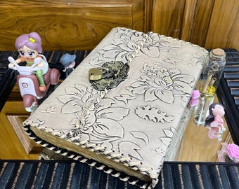 Witchcraft Leather Journals Grimoire Flower Embossed spell journal Antique heart lock Diary Book of Shadows Deckle page Gift For Women 10x7