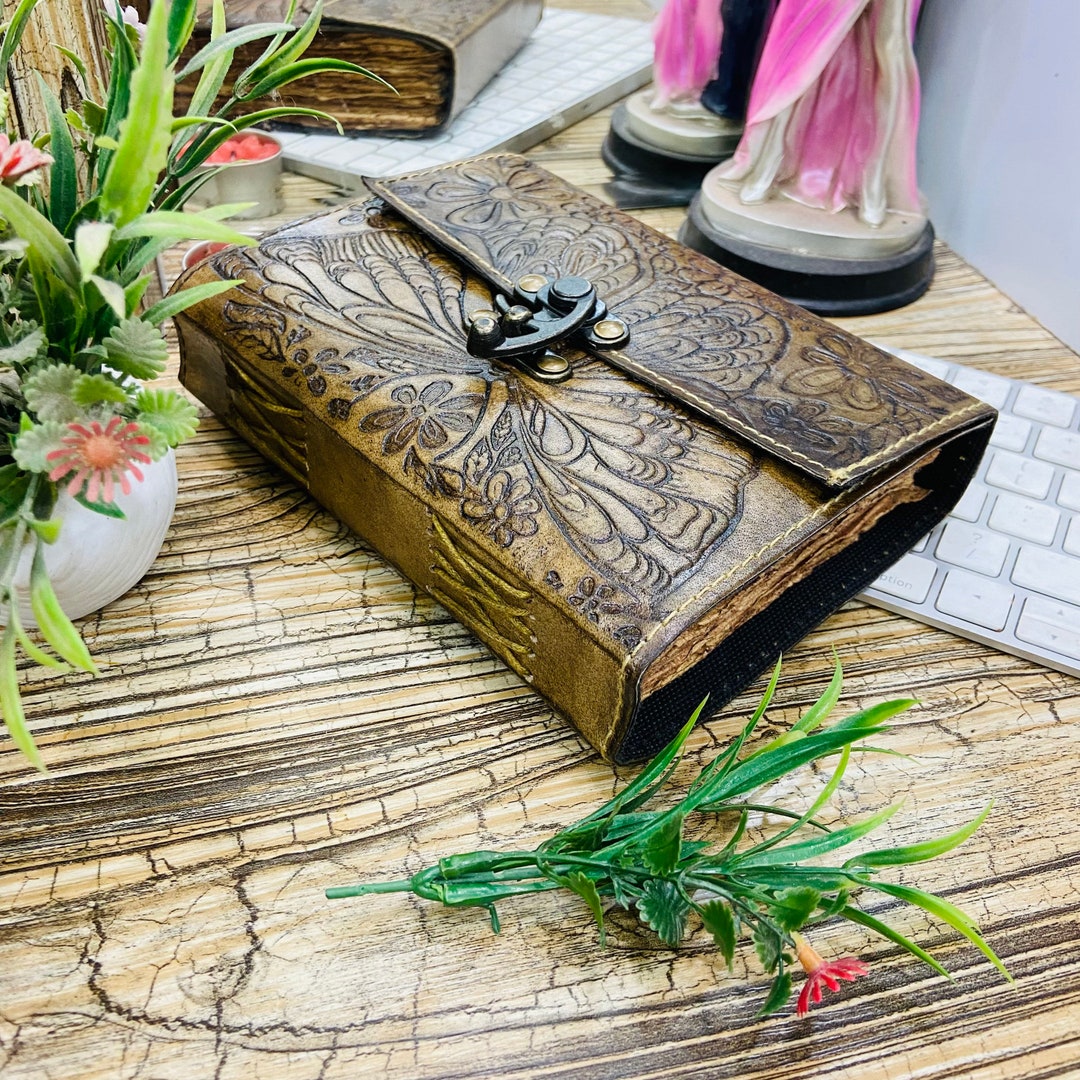 Butterfly Leather Journal Notebook or Sketchbook Vintage Antique Flower ...