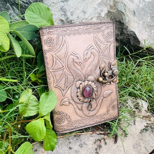 Embossed Leather Journal with Twin Dragons – Handmade Notebook with Gemstone & Brass Clasp – Fantasy Writing Diary DND Notebook 7x5