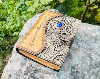 Stenläderjournal med blått öga, ädelsten, gotisk grimoire, trollformelbok, wiccan skuggornas bok, häxdagbok, anteckningsbok, present till honom