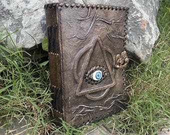 Vintage Leather Spell Book with Eye Handmade Grimoire Journal, Gothic Witch Notebook, Wicca Diary, Pagan Writing Gift for men & women