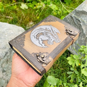 Dragon Leather Journal  7x5 Handmade Embossed Notebook with Moon & Double Lock – Fantasy Writing Diary, Gothic Spellbook, Sketchbook Gift
