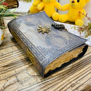 Triple Moon Book Of Shadows handmade leather journal Antique Deckle Edge Paper-Sketchbook Grimoire Blank Spell sacred geometry magical book