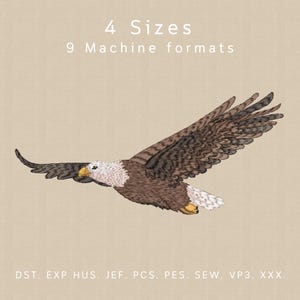 May include: Embroidered design of a brown and white bald eagle in flight. The design is available in 4 sizes and 9 machine formats. DST. EXP HUS. JEF. PCS. PES. SEW. VP3. XXX.