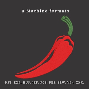 Könnte beinhalten: Ein gestickter roter Chili mit grünem Stiel auf dunklem Hintergrund. Der Text "9 Machine formats" steht über dem Chili. Darunter die Abkürzungen: DST. EXP. HUS. JEF. PCS. PES. SEW. VP3. XXX.