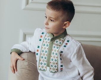 Weiß Ukrainisch besticktes Hemd Jungen | Leinen Vyshyvanka | Langarm (2-10 Jahre)