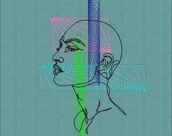 May include: Line art illustration of a person's face with a blue, green, and pink geometric pattern overlay. The illustration is in black and white.