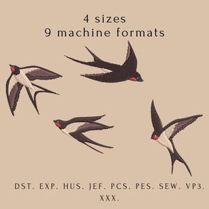 Puede incluir: Un diseño bordado con cuatro golondrinas en vuelo, con detalles en negro, blanco y burdeos. El texto en la parte superior dice "4 tamaños, 9 formatos de máquina". Debajo están los formatos de archivo: DST, EXP, HUS, JEF, PCS, PES, SEW, VP3, XXX.