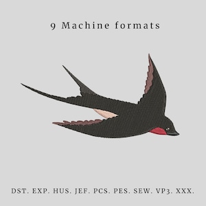 Puede incluir: Diseño bordado de una golondrina negra en vuelo, con acentos rojos y beige en las alas y el pecho. El texto "9 Machine formats" está encima del pájaro, y debajo están los formatos de archivo: DST, EXP, HUS, JEF, PCS, PES, SEW, VP3, XXX.