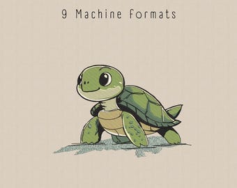 May include: An embroidered cartoon turtle in shades of green and tan. The image includes the text "4 Sizes" and "9 Machine formats" along with several file format abbreviations. The turtle has a friendly expression.