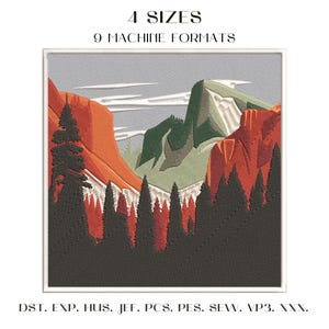 May include: Embroidered landscape design with mountains in orange, green, and grey, and a forest in the foreground. The text "4 SIZES" and "9 MACHINE FORMATS" is at the top. The bottom text includes embroidery file formats.