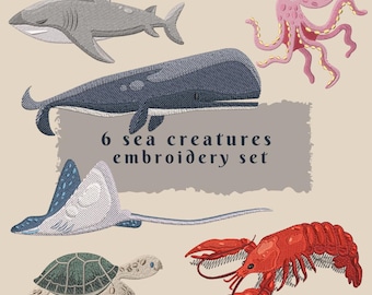 Sea Creatures Embroidery Design: 6 Marine Animals Pattern (4 Sizes) (Digital Download)