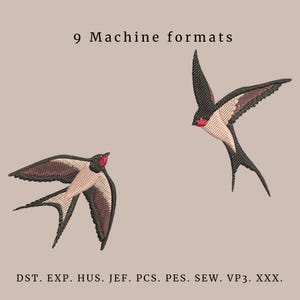 Peut inclure: Écussons brodés représentant deux hirondelles en vol. Les oiseaux ont des ailes noires, marron et beiges avec des accents rouges sur la tête. Le texte "9 Machine formats" est au-dessus des oiseaux, et en dessous se trouvent les formats de fichiers de broderie.
