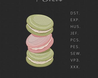 May include: A stack of four green and pink macarons with white frosting. The image text reads "4 Sizes" and "9 Machine formats".
