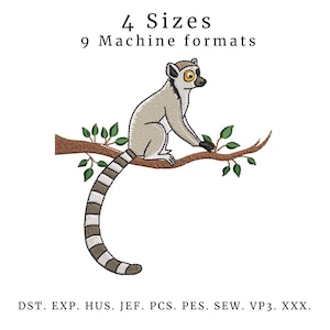 Lemur on Branch Embroidery Design: Safari Animal Machine File (4 Hoop Sizes)