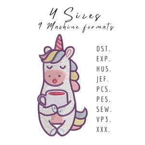 Unicorn Embroidery Design, Cute Line Unicorn with coffe Machine Embroidery File, Cute Baby Girl Unicorn Digital Embroidery Design