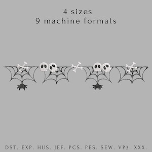 May include: A Halloween-themed embroidery design featuring a black spiderweb border with white skulls, crossbones, and spiders. The text at the top reads "4 sizes, 9 machine formats." The bottom text lists embroidery file formats.
