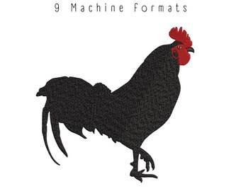 May include: Black silhouette of a rooster with a red comb and wattle. The image includes the text "4 Sizes" and "9 Machine Formats".