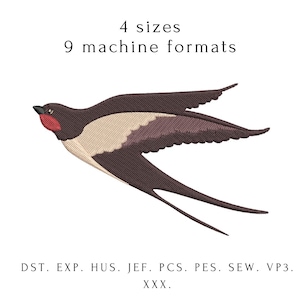 Może przedstawiać: Haftowany wzór jaskółki w locie, w odcieniach brązu, beżu i czerwieni. Obraz zawiera tekst "4 rozmiary" i "9 formatów maszynowych" wraz z różnymi skrótami formatów plików.