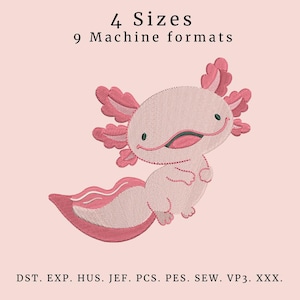Desenho de bordado de axolote – Arquivo de máquina de animais kawaii (4 tamanhos) (download instantâneo)