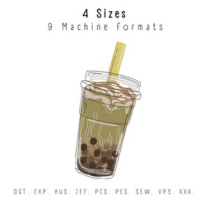 Pode incluir: Um desenho de bordado de uma bebida boba de chá verde com um canudo e pérolas de tapioca em um copo transparente. O design está disponível em 4 tamanhos e 9 formatos de máquina: DST, EXP, HUS, JEF, PCS, PES, SEW, VP3, XXX.