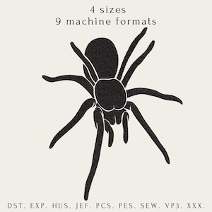 May include: Black spider embroidery design with the text "4 sizes 9 machine formats" and file formats DST, EXP, HUS, JEF, PCS, PES, SEW, VP3, XXX. The spider has eight legs and a textured appearance.