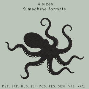 Peut inclure: Un motif de broderie de poulpe noir sur fond vert clair. L'image comprend le texte "4 tailles" et "9 formats de machine". En dessous du poulpe se trouvent les formats de fichiers : DST, EXP, HUS, JEF, PCS, PES, SEW, VP3 et XXX.