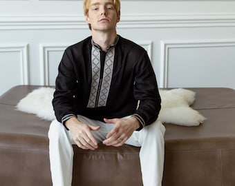 Ukrainian Embroidered Shirt for Men | Black Linen Shirt with Embroidery | Made in Ukraine