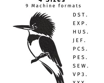 kingfisher silhouette Machine Embroidery Design,  Bird Embroidery Files  - 4 Sizes, instant download