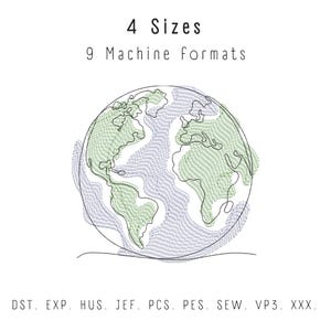 Op de afbeelding: Een lijntekening van de aarde in groen en blauw, met de tekst "4 Sizes" en "9 Machine Formats" boven de afbeelding. De tekst "DST. EXP. HUS. JEF. PCS. PES. SEW. VP3. XXX." staat onder de afbeelding.