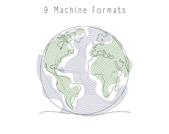 May include: A line drawing of the Earth in green and blue, with the text "4 Sizes" and "9 Machine Formats" above the image. The text "DST. EXP. HUS. JEF. PCS. PES. SEW. VP3. XXX." is below the image.