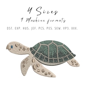 Peut inclure: Broderie représentant une tortue de mer avec une carapace verte et un corps beige. Le motif est disponible en 4 tailles et 9 formats de machine : DST, EXP, HUS, JEF, PCS, PES, SEW, VP3, XXX.