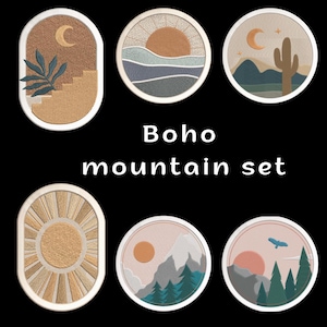 May include: Set of six embroidered patches with a boho mountain theme. The patches feature a variety of designs, including a crescent moon, a sun, a cactus, and a mountain range. The patches are all in a neutral colour palette of beige, brown, and blue.