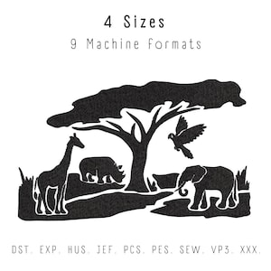 Könnte beinhalten: Schwarze und weiße Silhouette Stickdesign einer Giraffe, eines Nashorns, eines Elefanten und eines Vogels unter einem Baum. Das Design ist in 4 Größen und 9 Maschinenformaten erhältlich. DST. EXP. HUS. JEF. PCS. PES. SEW. VP3. XXX.
